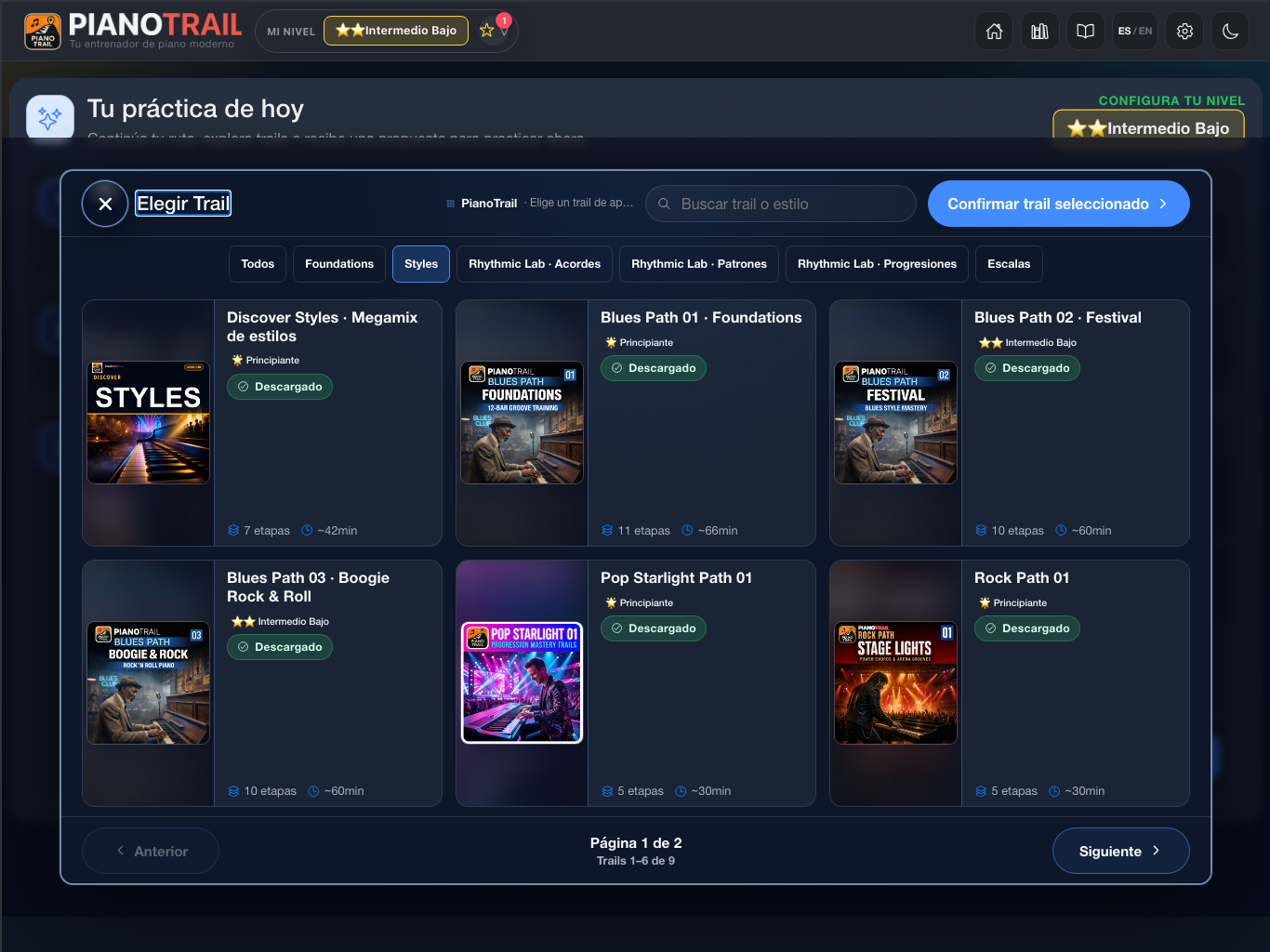 Selector de trails de estilos en PianoTrail para iPad
