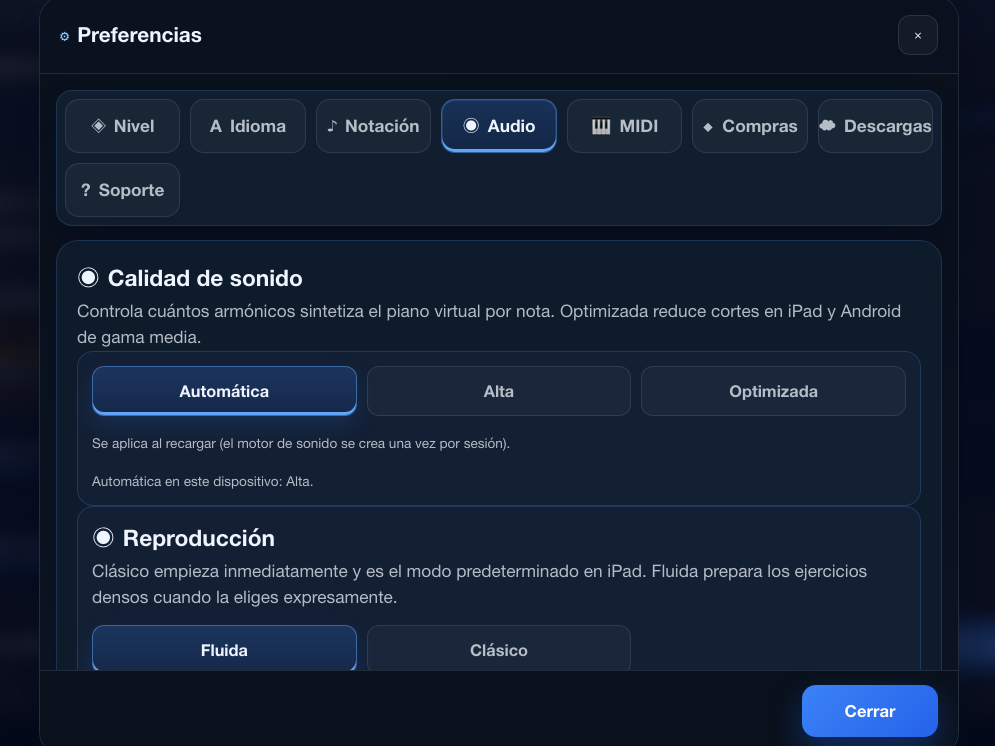Ajustes de motor de audio y calidad de sonido