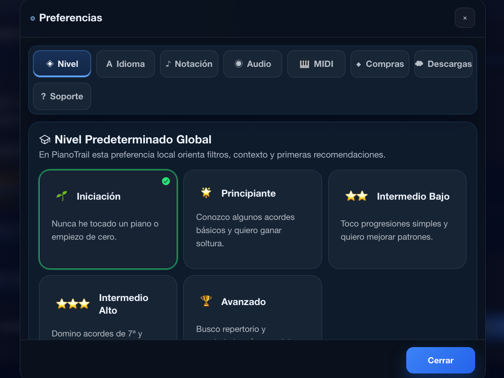 Ajustes de nivel predeterminado y objetivos