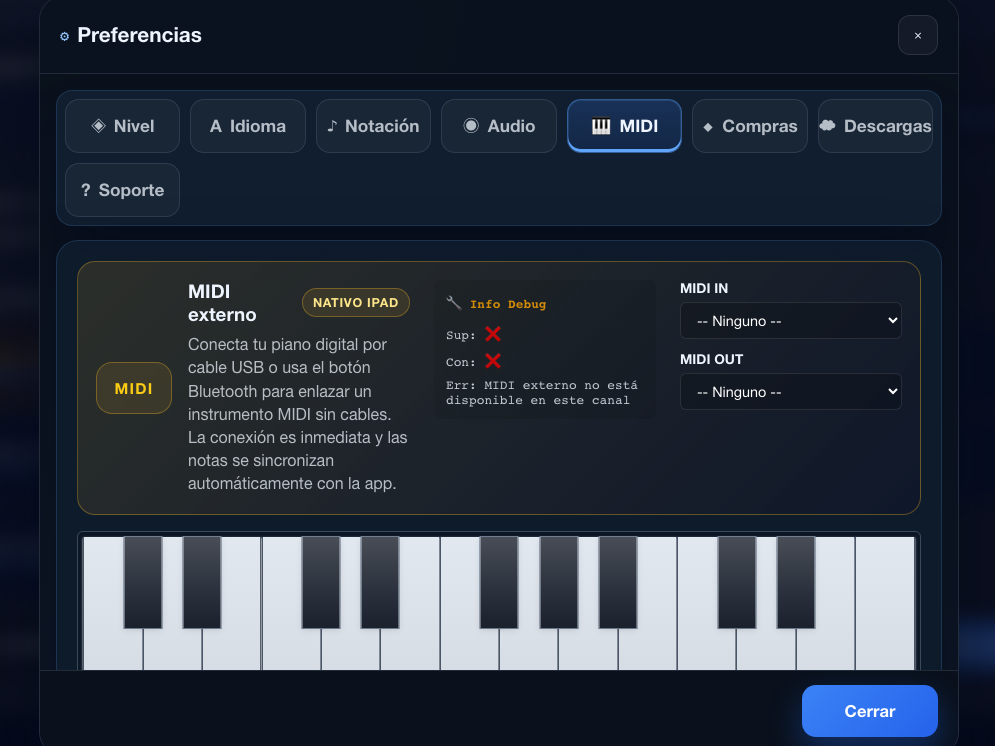 Ajustes de conexión MIDI y teclado en iPad
