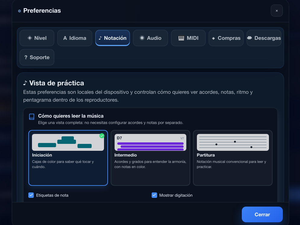 Ajustes de notación y vista de práctica