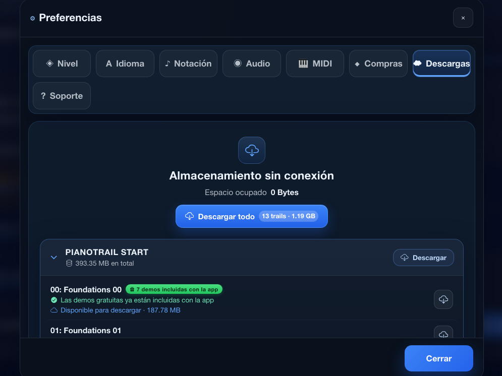 Gestión de descargas y práctica sin conexión